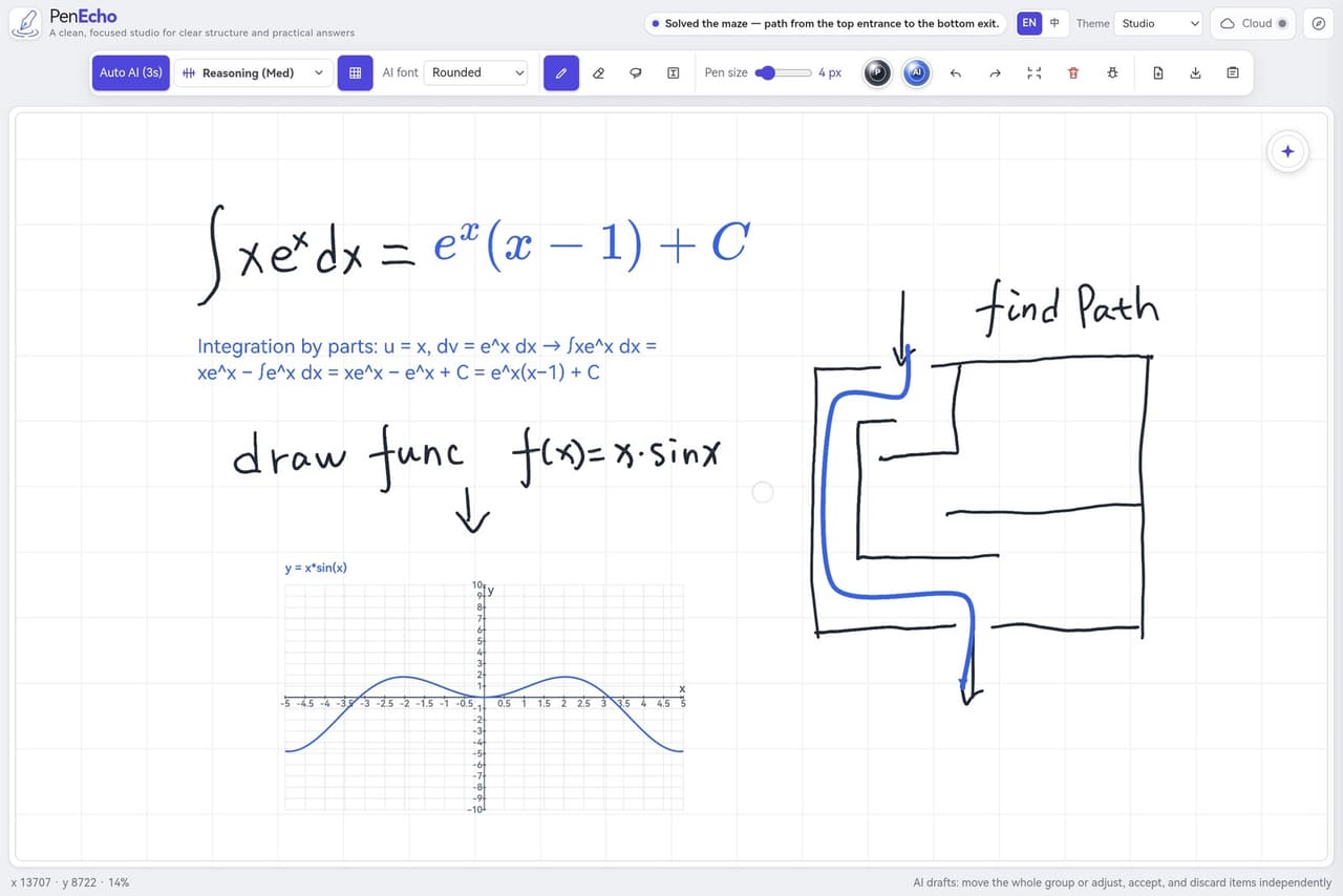 PenEcho being used as a large handwritten AI canvas