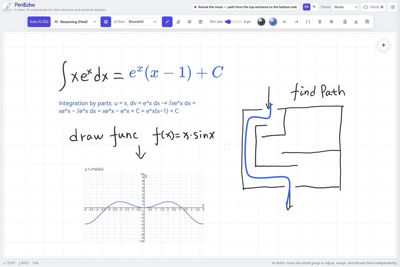PenEcho Canvas showing handwritten mathematics and diagrams